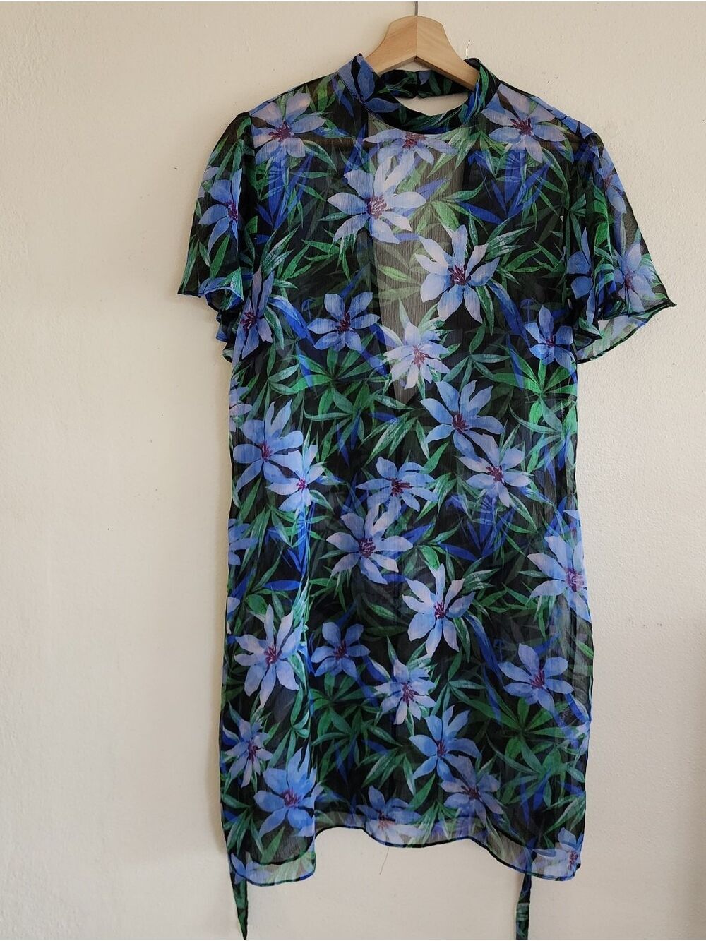 Forever 21 Sheer Floral Mock Neck Open Back Tie Waist Mini Dress - Picture 8 of 15